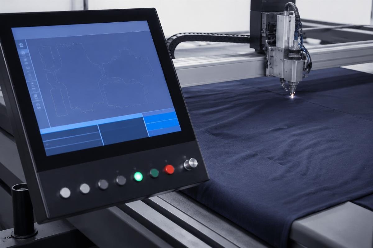 CNC control panel operating a fabric cutting machine