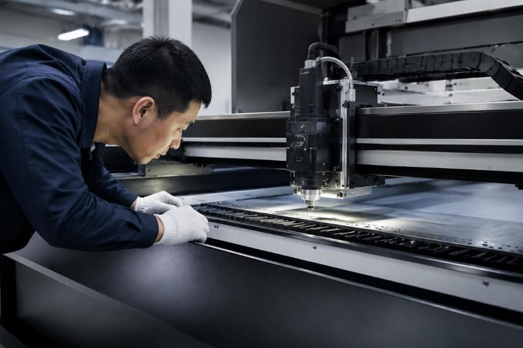 Factory inspector examining knife cutting machine components