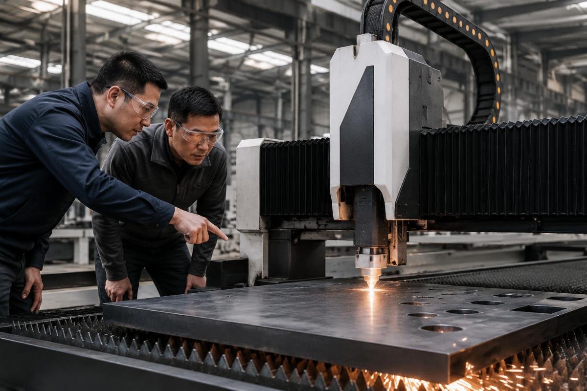 Wholesaler demonstrating thick material cutting to factory buyer