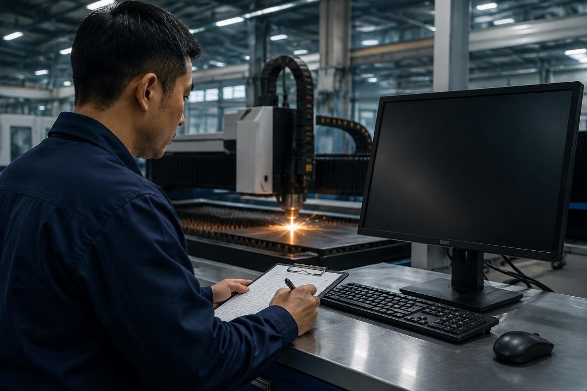 Maintenance manager reviewing checklist against downtime log on computer screen