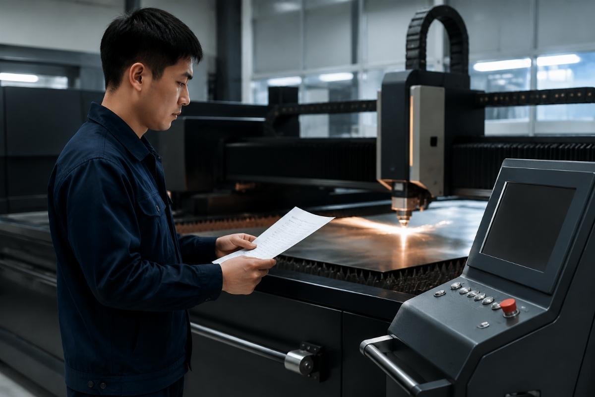 Operator reviewing printed checklist next to knife cutting machine control panel