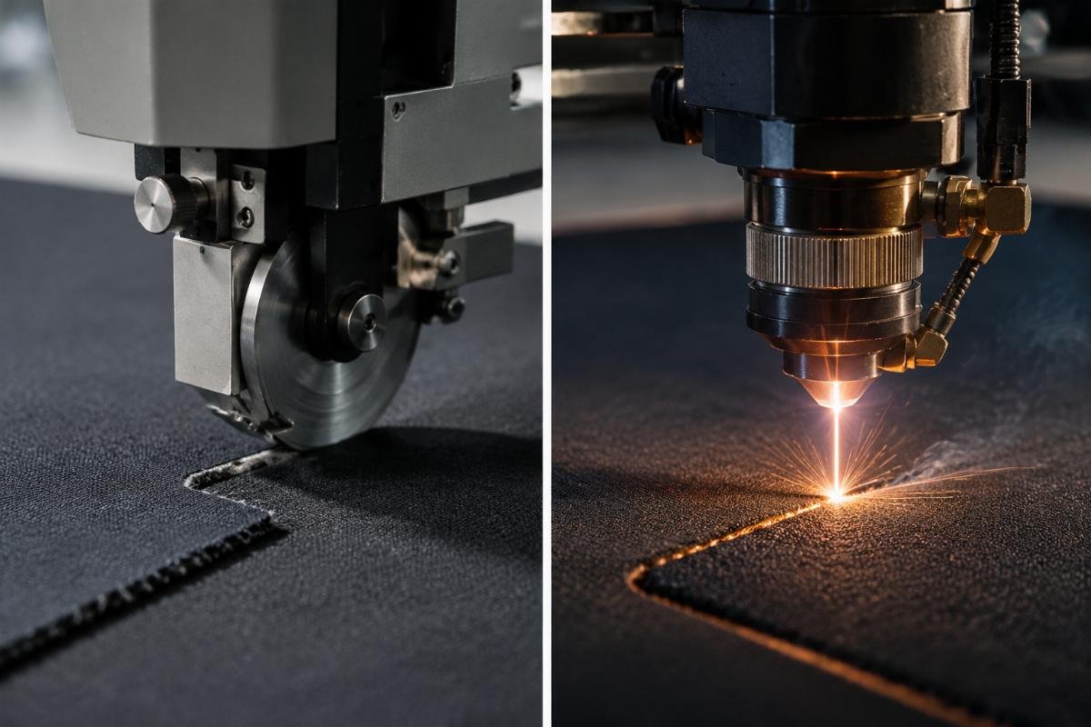 Side-by-side comparison of knife blade cutting fabric vs laser beam cutting