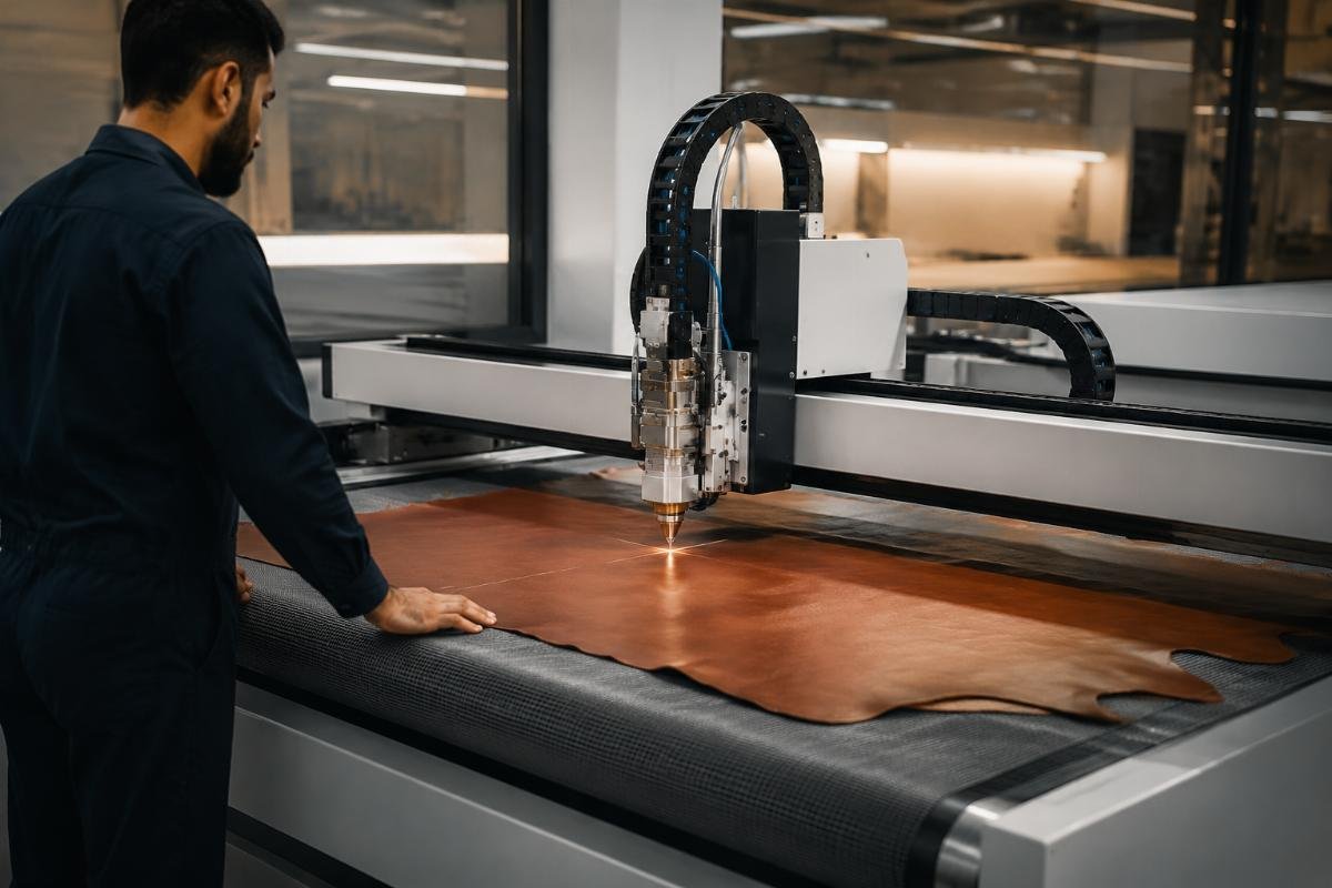 1-unit MOQ custom CNC cutting machine for leather production A worker operating a custom leather CNC cutting machine in an Abu Dhabi production facility