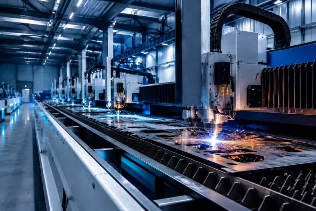 A fully operational CNC cutting line running unattended in an industrial factory
