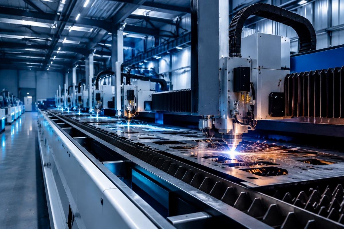 A fully operational CNC cutting line running unattended in an industrial factory