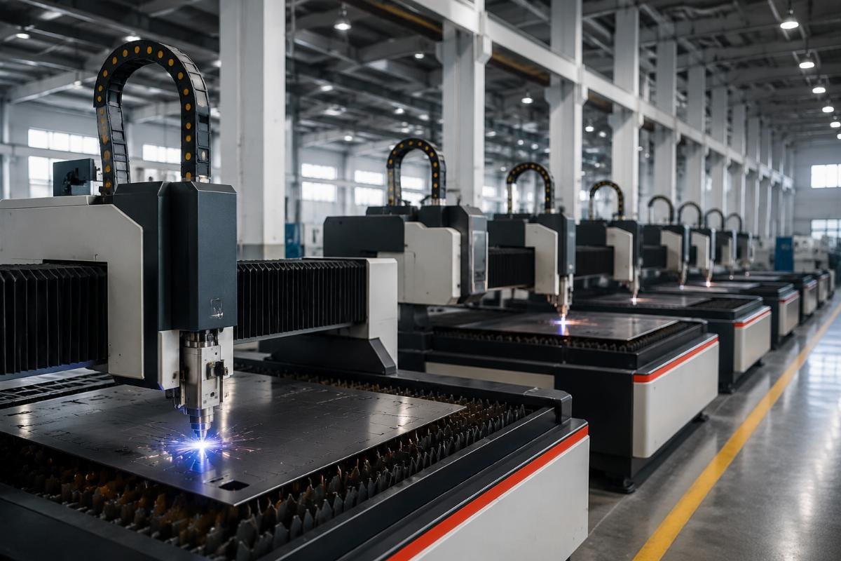 A production floor with 6 aligned CNC cutters running synchronized cutting operations for custom packaging orders