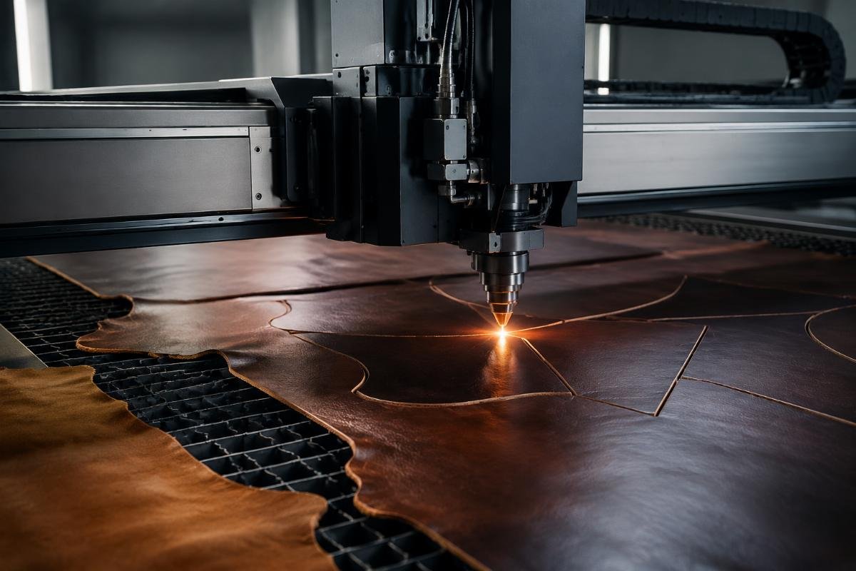 Calibrated CNC cutting accuracy for leather Leather cutting production showing clean, precise cuts on full-grain hides