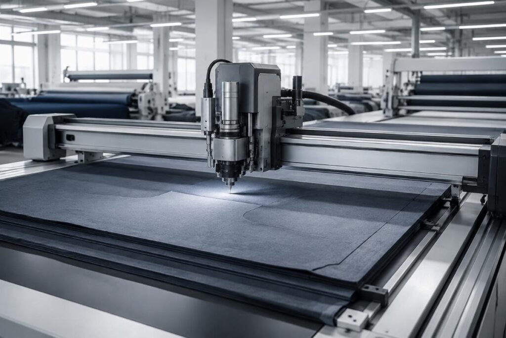 Factory floor in Almaty with newly installed CNC cutting equipment running multi-layer fabric cutting operations