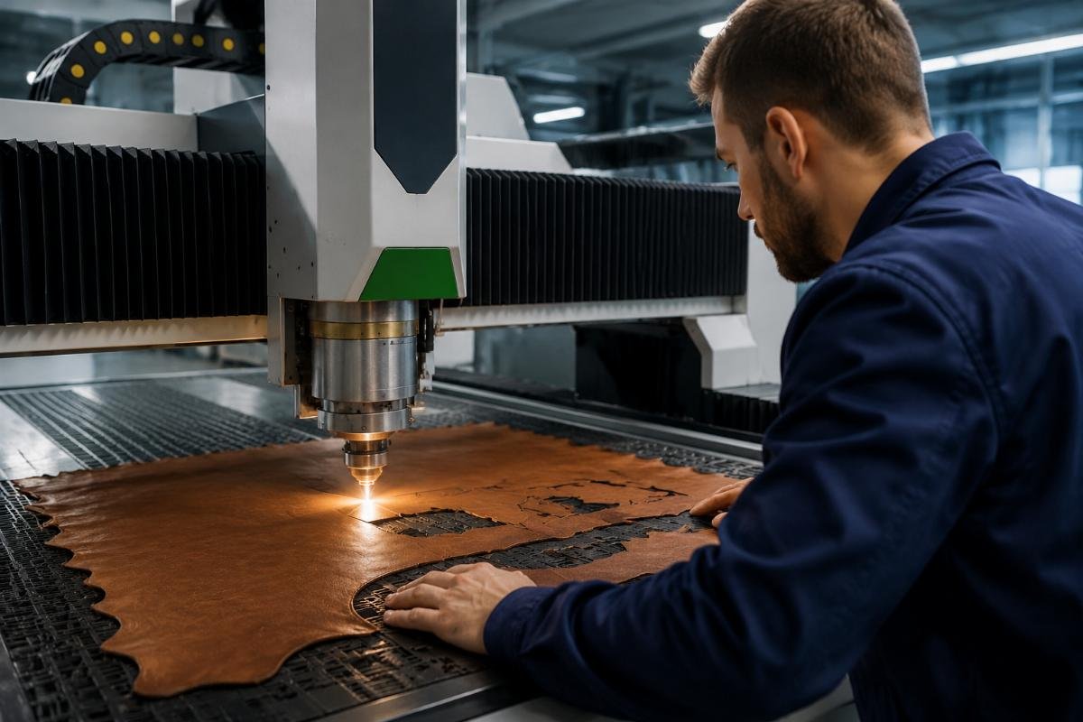 Certified CNC cutter for leather goods production in Romania A technician operating a certified CNC cutting machine in a Romanian leather production facility