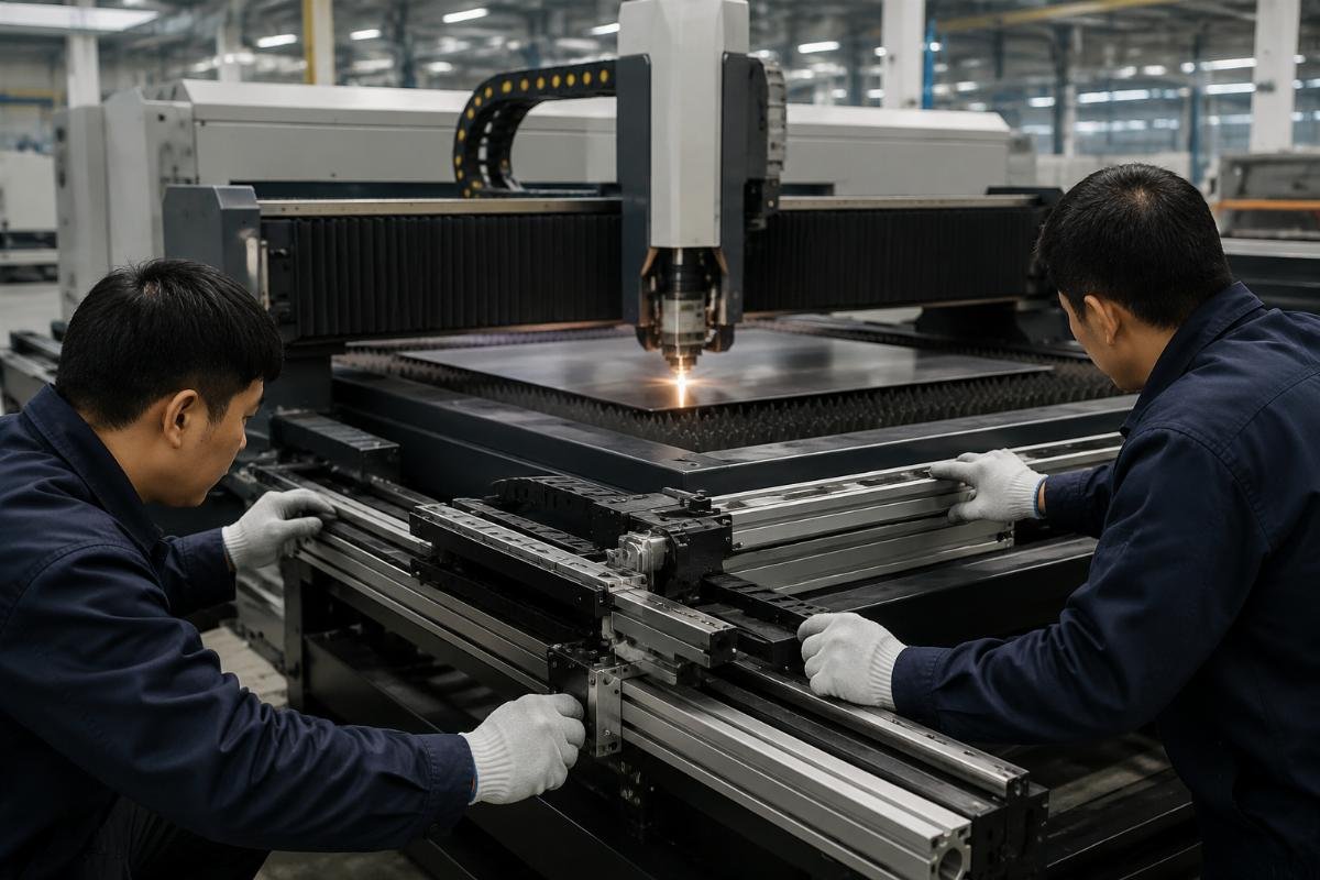 Technicians installing modular auto-feeding components on an in-use CNC cutter on a factory floor