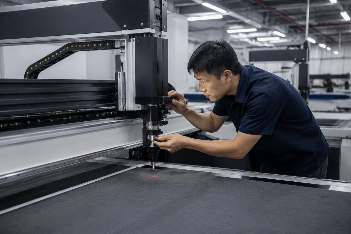 A technician calibrating a CNC cutter in a garment production facility to ensure consistent positioning accuracy across the full fleet