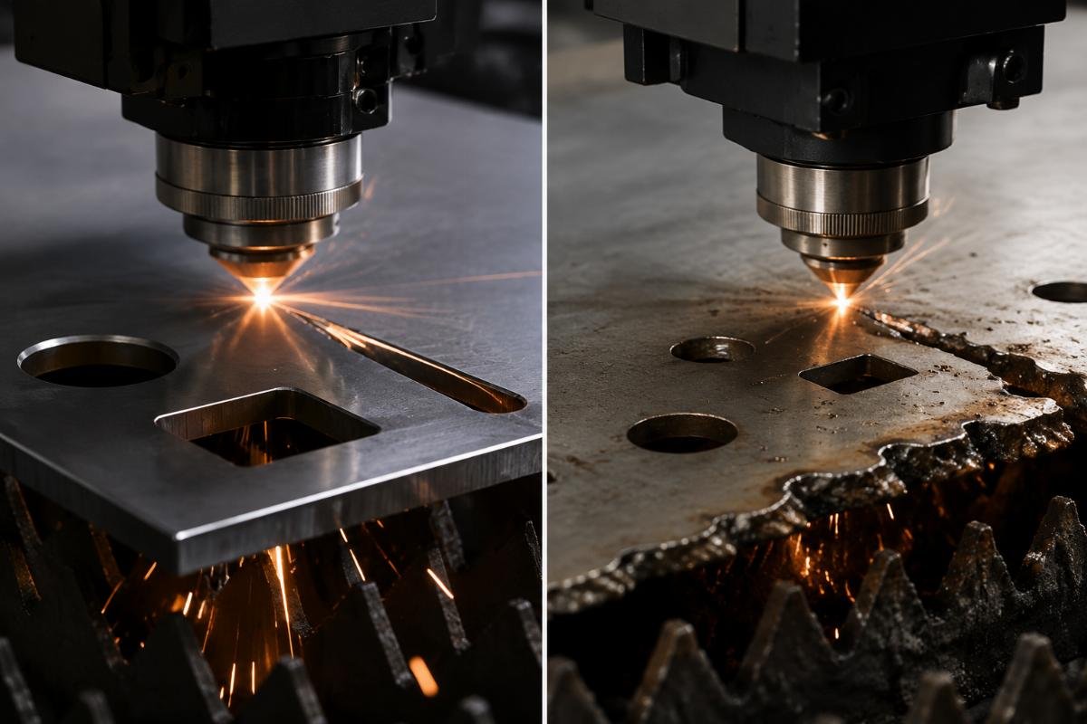 Close-up of precise CNC cutter cut edges vs uneven edges from an underperforming older machine