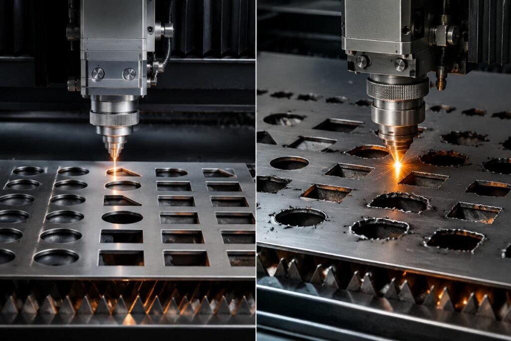 A side-by-side comparison of a well-documented CNC cutter test report and a misaligned cutting result on production materials