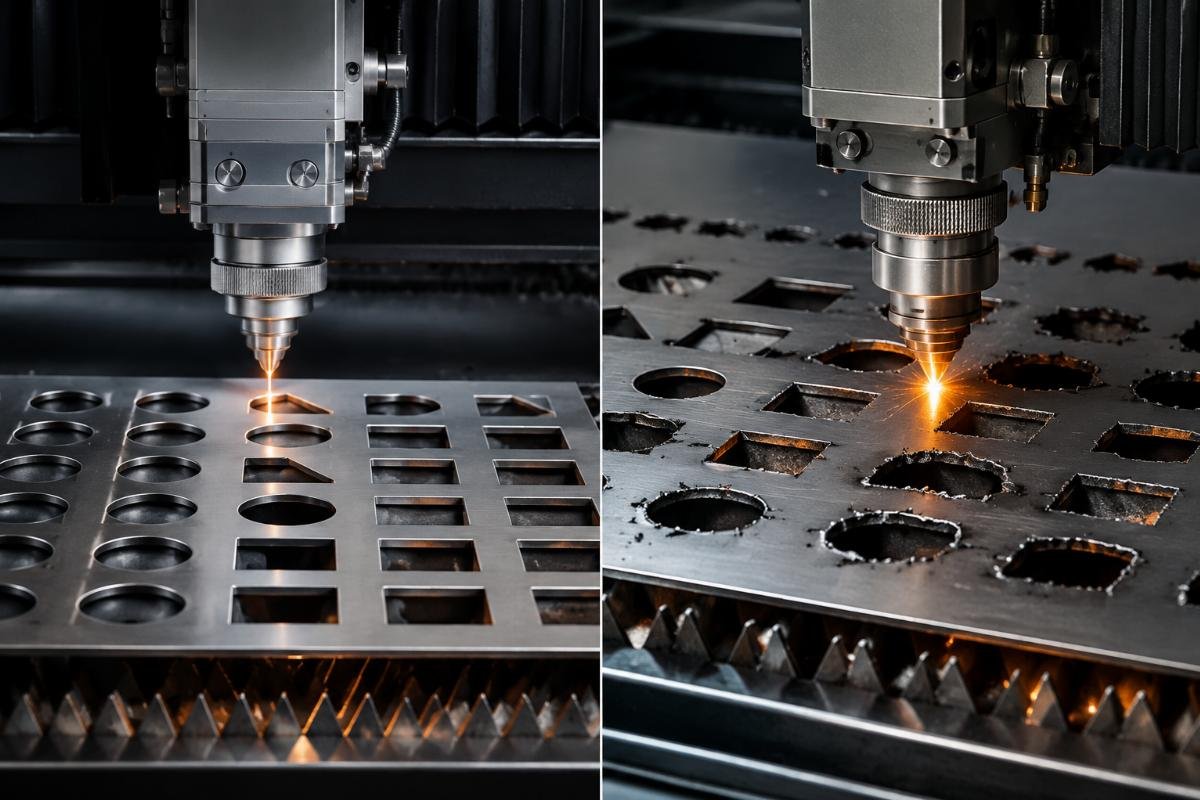 A side-by-side comparison of a well-documented CNC cutter test report and a misaligned cutting result on production materials