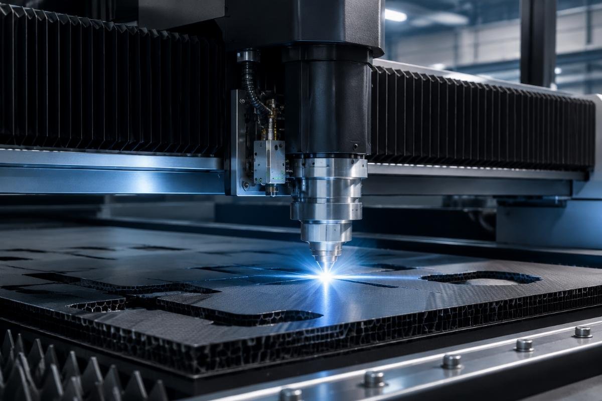 A CNC cutter running a test cut on thick composite material with full process monitoring