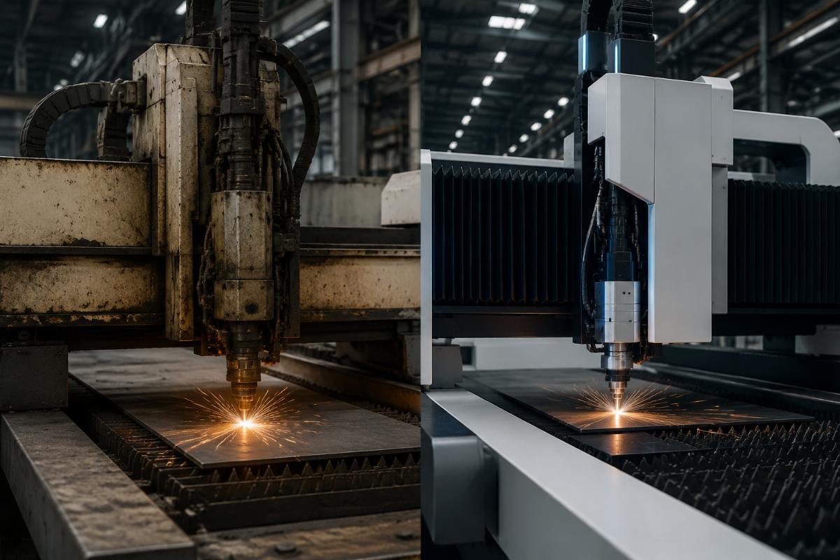 Side-by-side comparison of a worn-out CNC cutter and a new precision cutting machine in a production facility