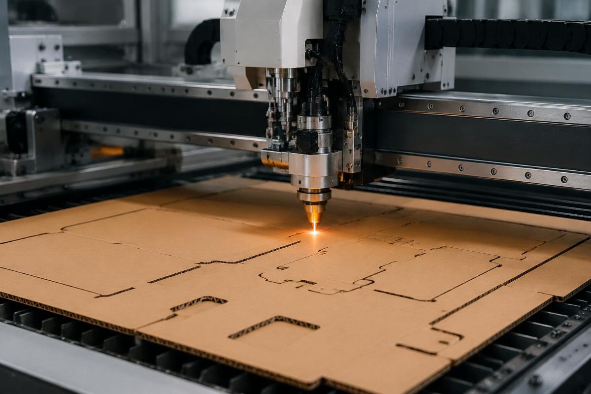 CNC cutting for packaging production in Morocco CNC cutting machine processing corrugated cardboard for custom packaging orders
