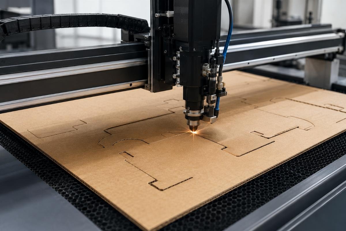 CNC cutting for packaging small batch production Custom CNC cutting unit running corrugated cardboard sample production at a Kazakhstan packaging facility