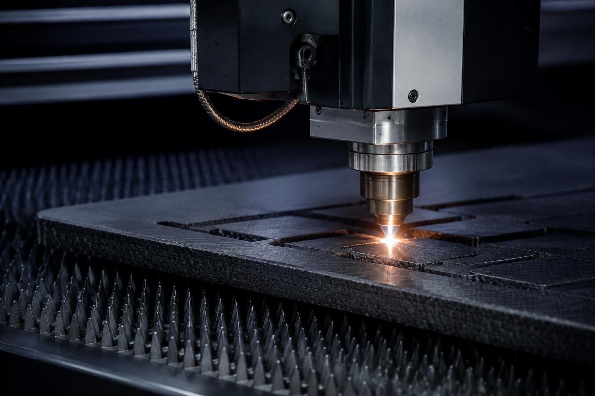 Close up of CNC cutting head processing thick composite material
