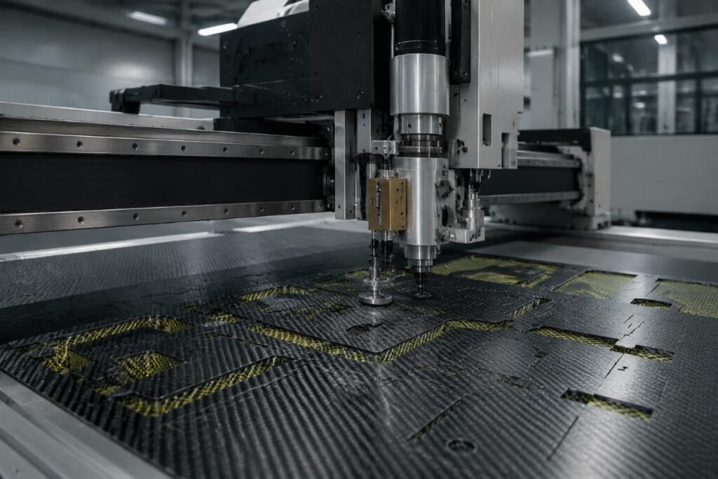 A defense production workshop using a CNC oscillating knife cutting machine to process carbon fiber and Kevlar materials