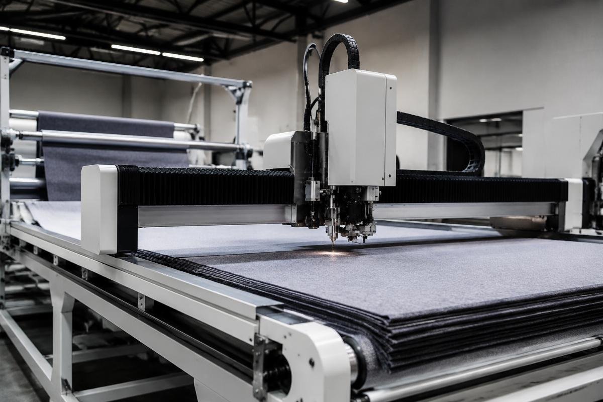 A production floor view of a CNC cutting machine processing stacked fabric with an integrated auto-feeding system