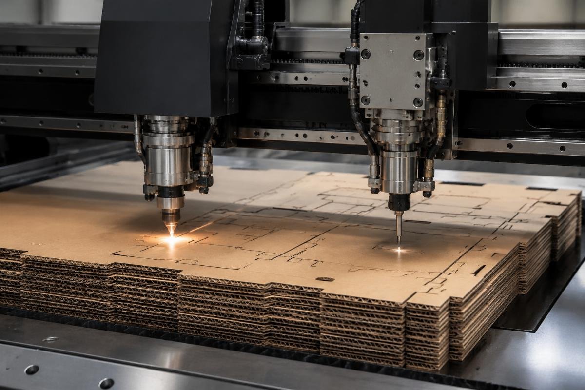 A CNC cutting machine processing a stack of corrugated cardboard with a dual tool head setup