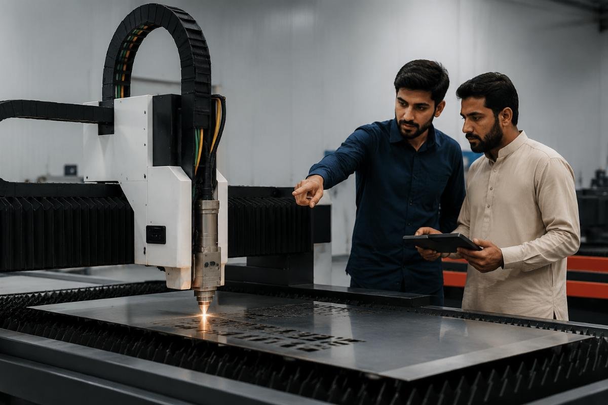 CNC cutting machine for sporting goods and textile use in local facilities A technician providing operator training for a newly installed CNC cutting machine in a Pakistani factory