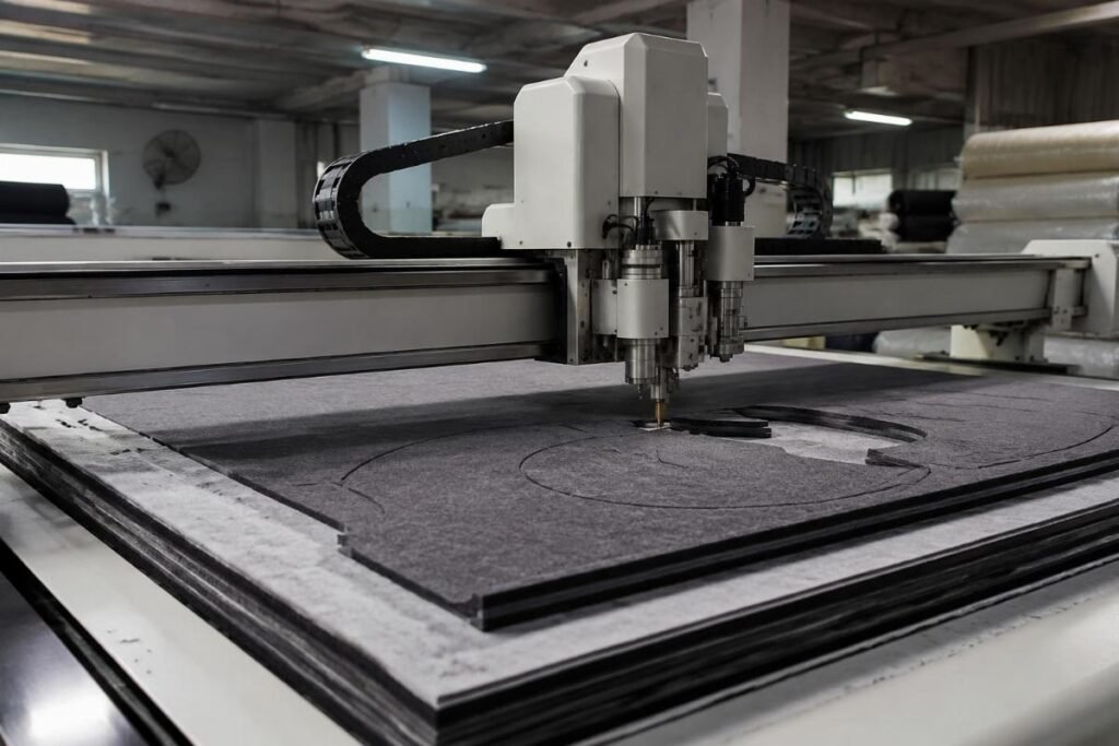 A CNC oscillating knife cutting machine processing multi-layer textile fabric in a Karachi production facility