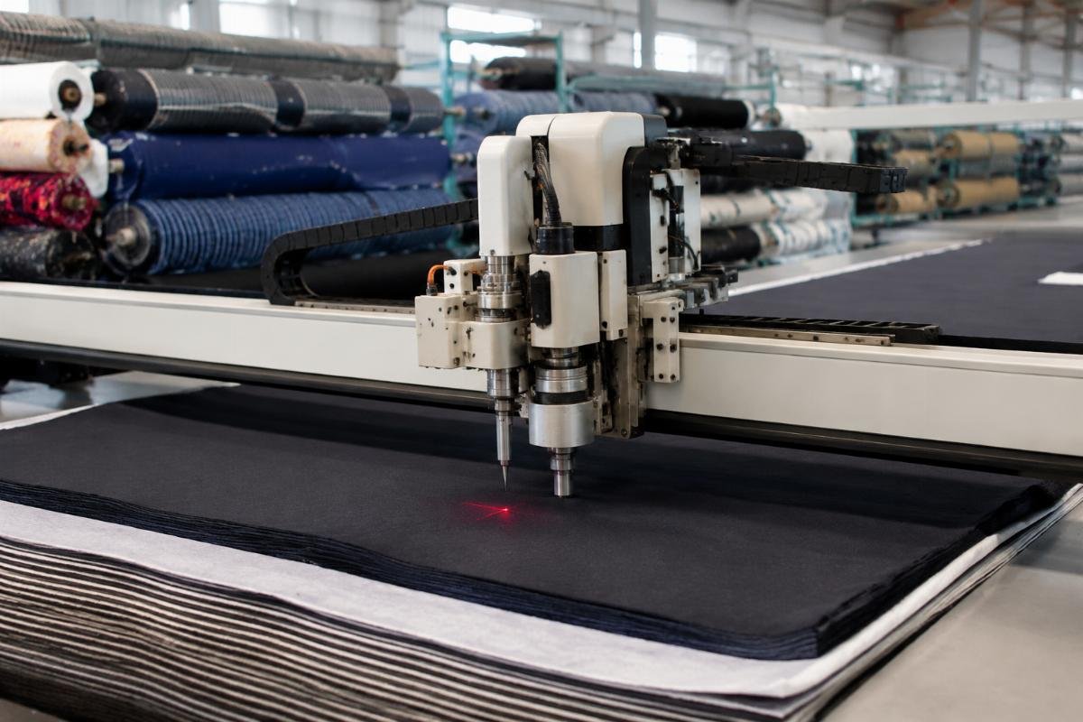 A production floor of an African textile factory using CNC cutting equipment to process multi-layer fabric rolls