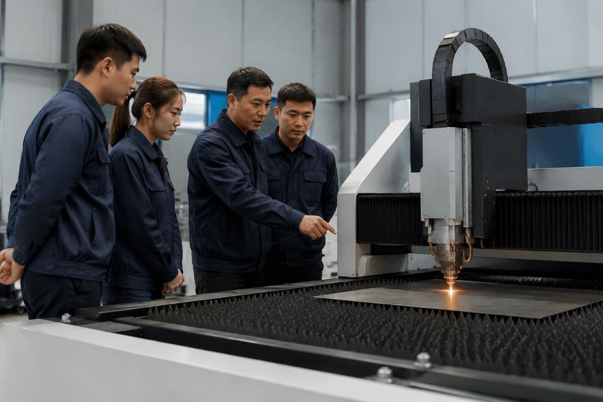 CNC cutting machine post-sales support and operator training A production team receiving on-site operator training for a new CNC cutting machine from a supplier technician