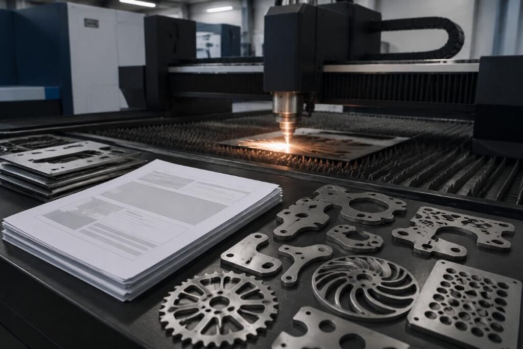 A structured RFP response document laid out alongside CNC cutting machine sample cutouts for different industry use cases