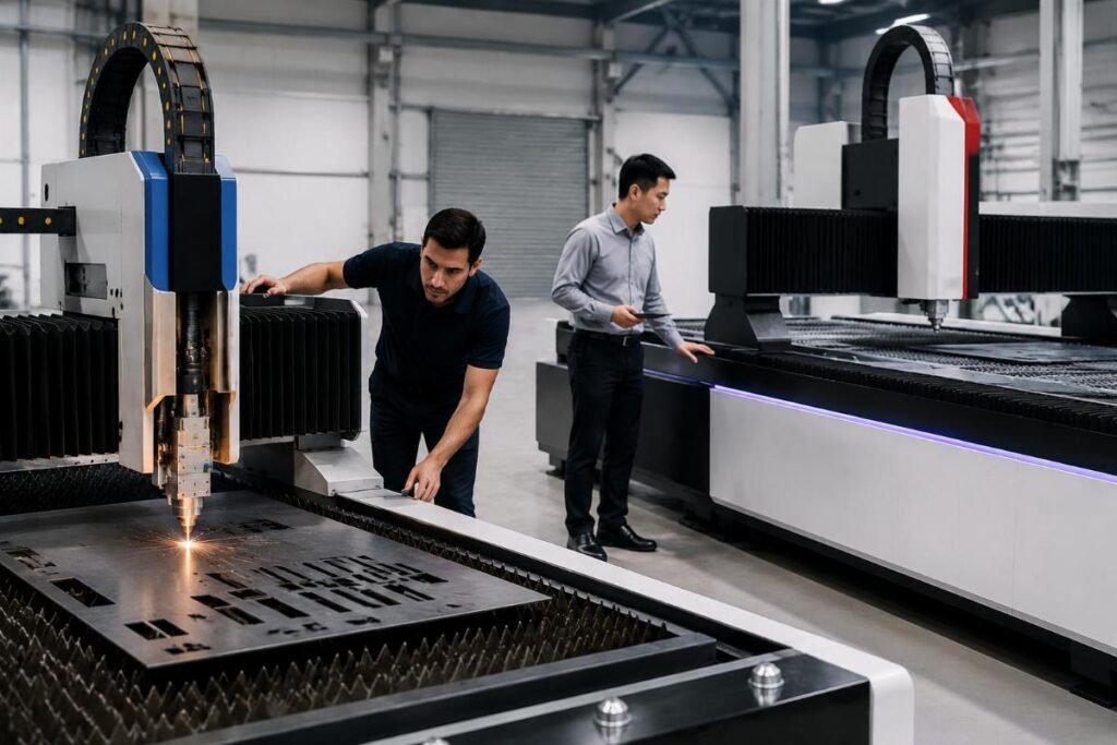 Global industrial buyer inspecting a used CNC cutting machine for trade-in appraisal next to a new custom unit