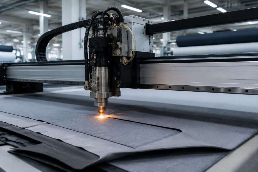 Turkish textile factory production floor with CNC cutting machine in operation