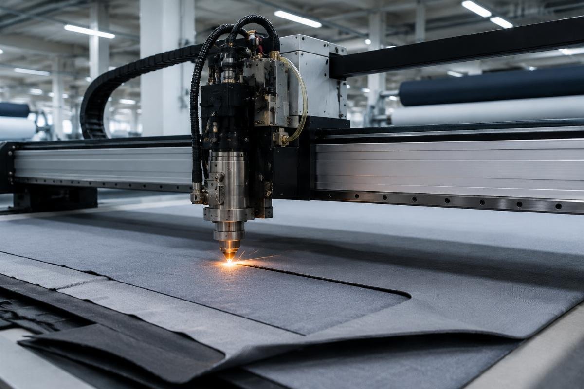 Turkish textile factory production floor with CNC cutting machine in operation