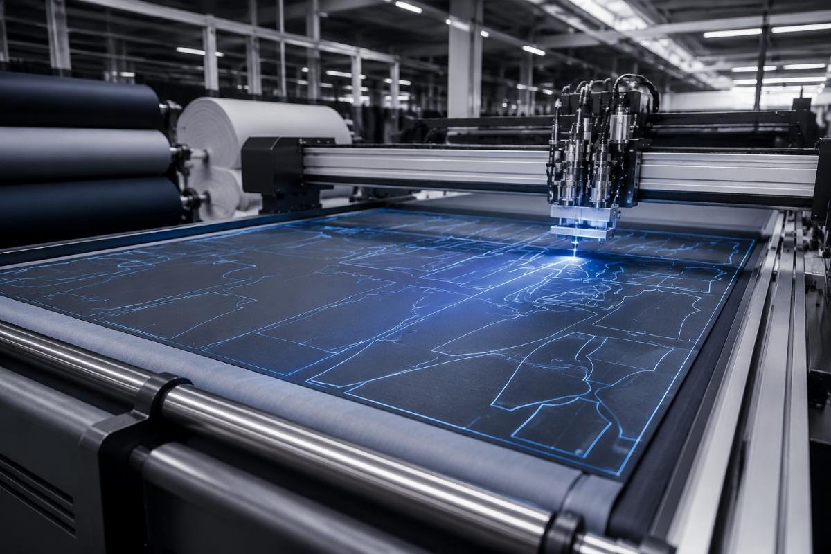 CNC nesting algorithm material savings Garment production line showing optimized cut layouts on fabric rolls