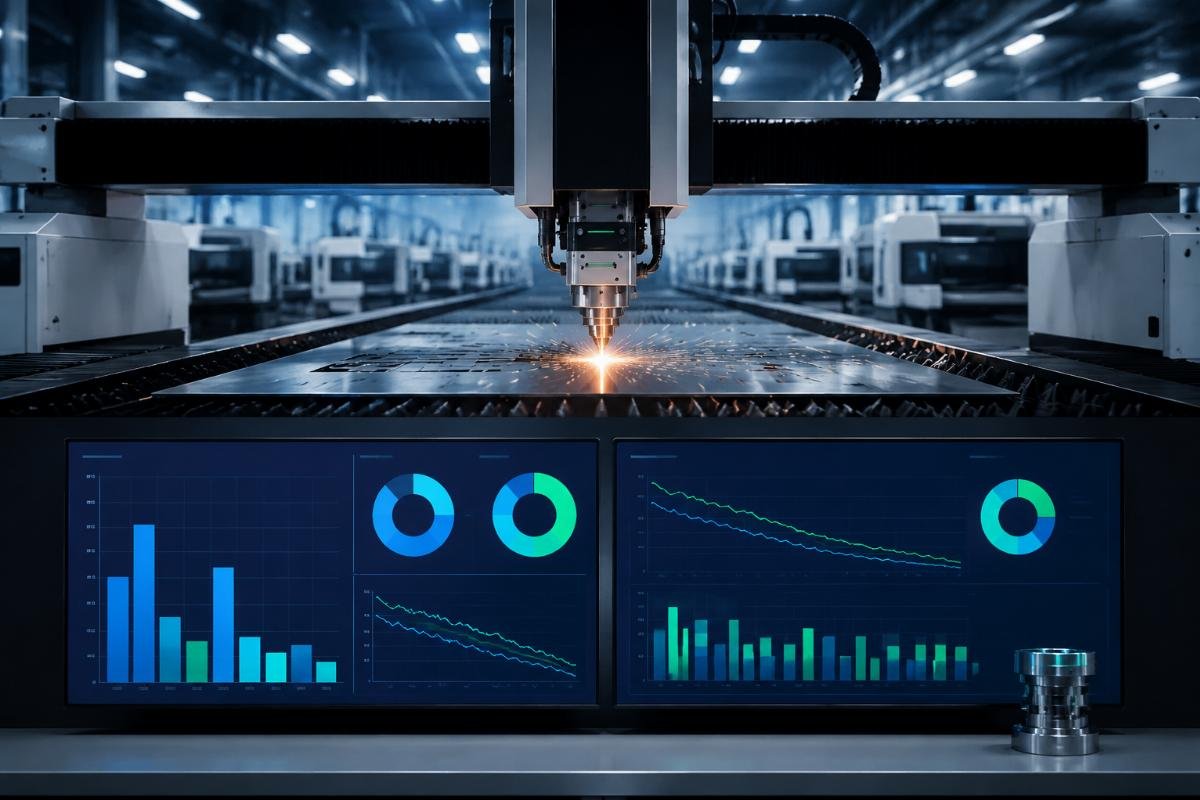 Factory production dashboard showing reduced labor count and lower scrap rates post retrofit