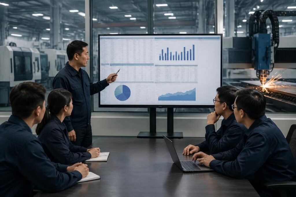 A production manager presenting a spreadsheet of cost savings to a management team in a factory meeting room