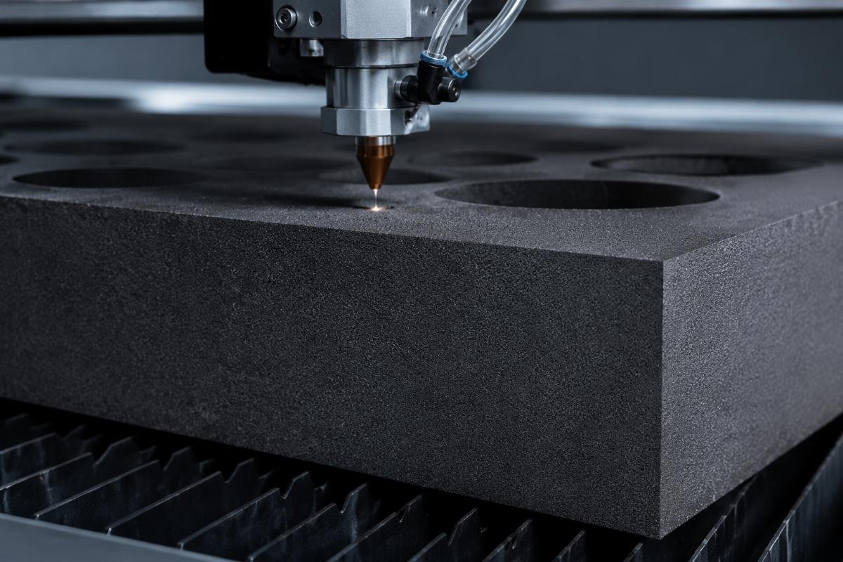 A close up of a precision cut edge on 40mm thick foam material showing no burn or fraying