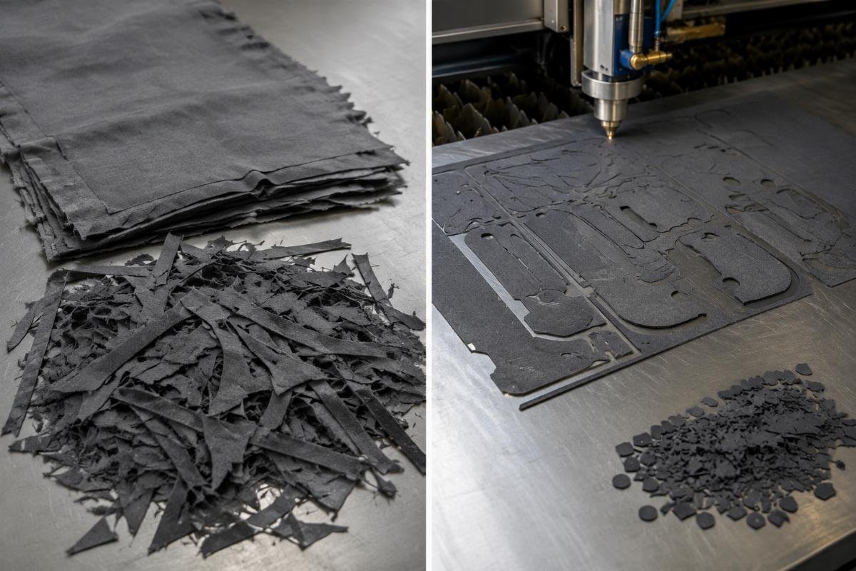 Side by side comparison of fabric waste from manual cutting and CNC cutting processes