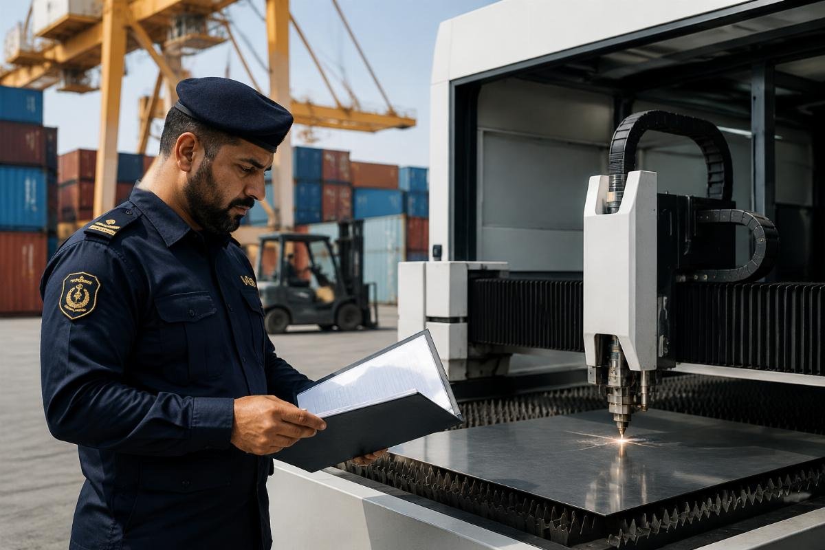 Compliance certification check for imported CNC cutting equipment A customs clearance officer reviewing certification documents for industrial machinery imports at a GCC port