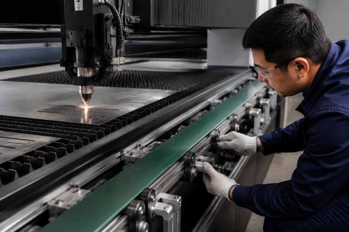 Technician adjusting conveyor belt alignment against a CNC cutter’s travel rail