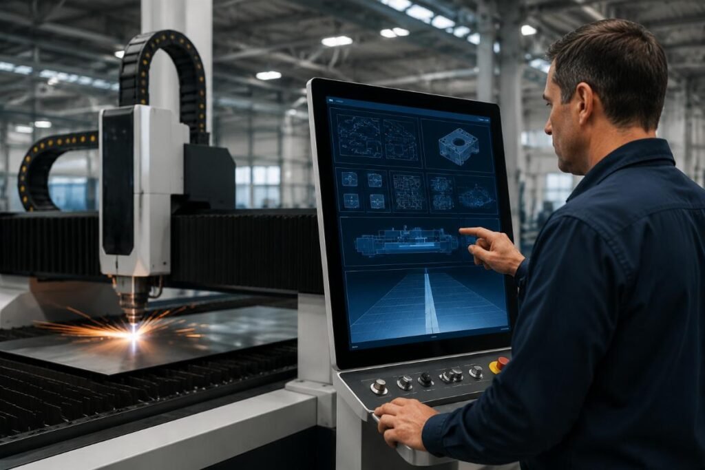Global buyer reviewing custom CNC cutting machine configuration parameters on a factory digital dashboard