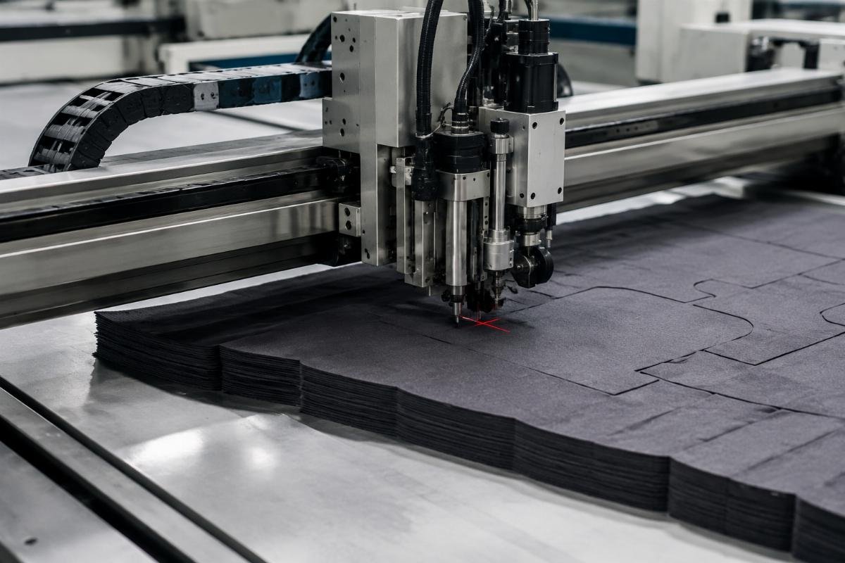 Factory operator running a multi-layer fabric cutting job on a custom configured CNC cutting machine