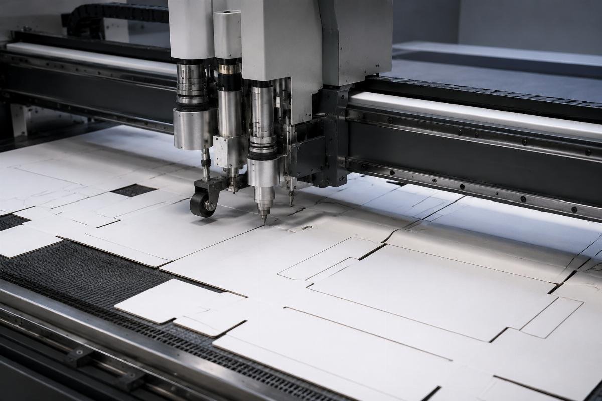 Short-run packaging sample production on a custom CNC cutting machine with creasing and V-cut tools