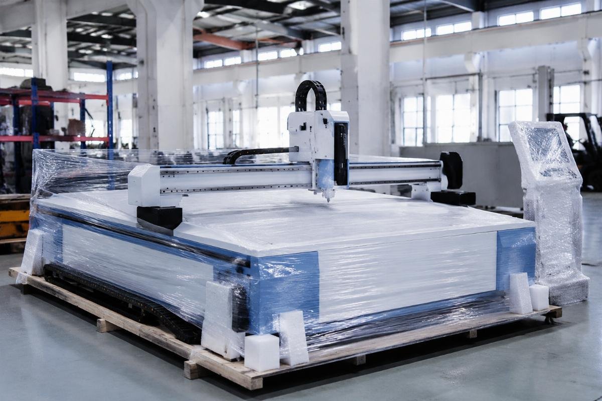 A custom CNC cutting machine ready for shipment to an African factory with protective packaging