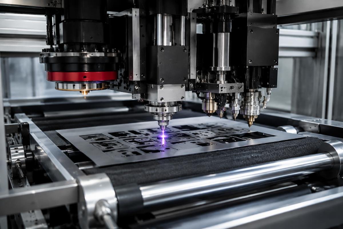 Custom CNC machine core configuration overview Integrated custom CNC machine with vision system, conveyor and multi-tool heads running continuous cutting for flexible materials