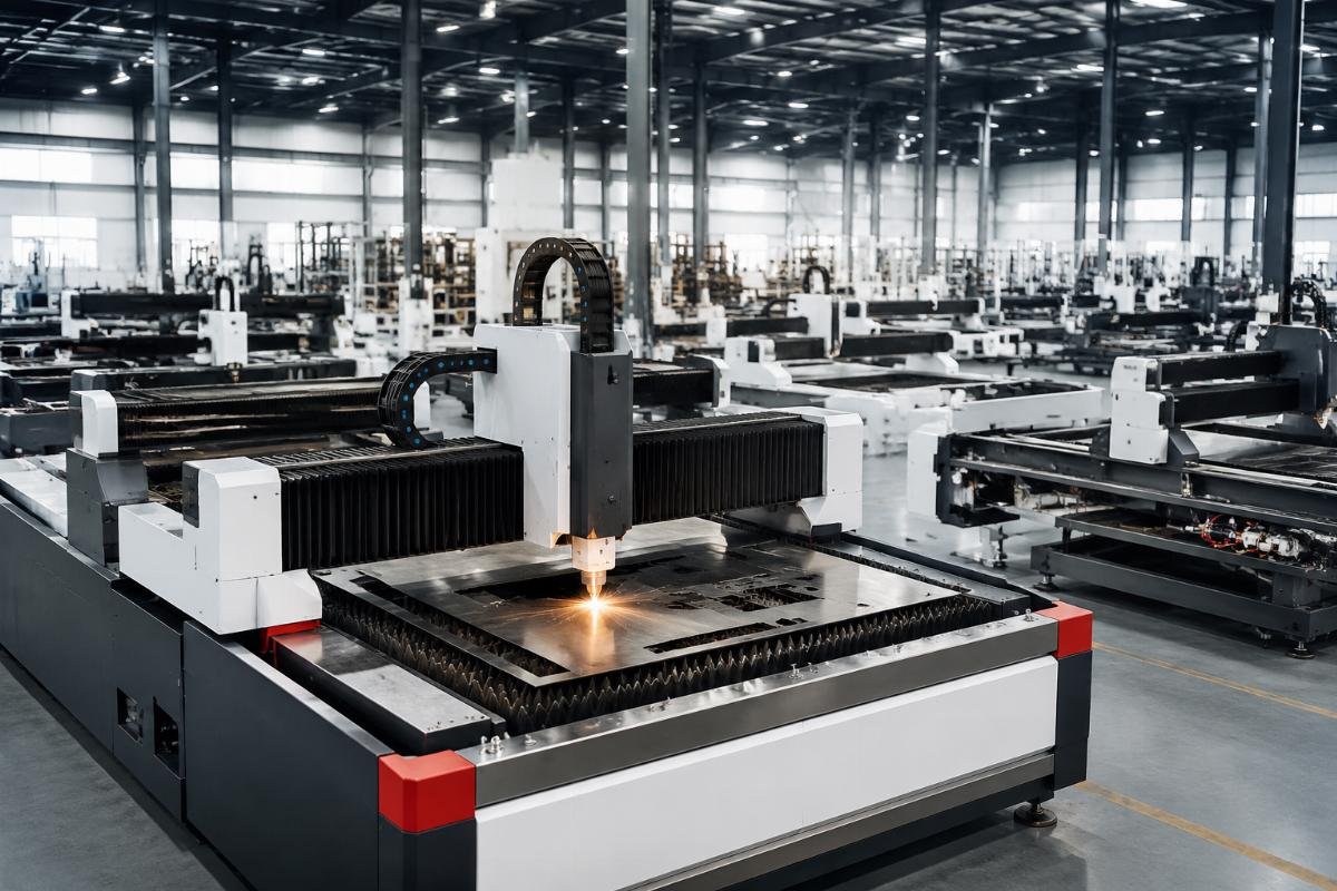 Custom CNC machine supplier production capacity Supplier production floor showing multiple custom CNC machines in various assembly stages