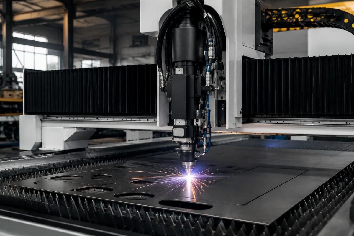 A custom branded multi-material CNC cutter in a client's production facility with custom working area dimensions