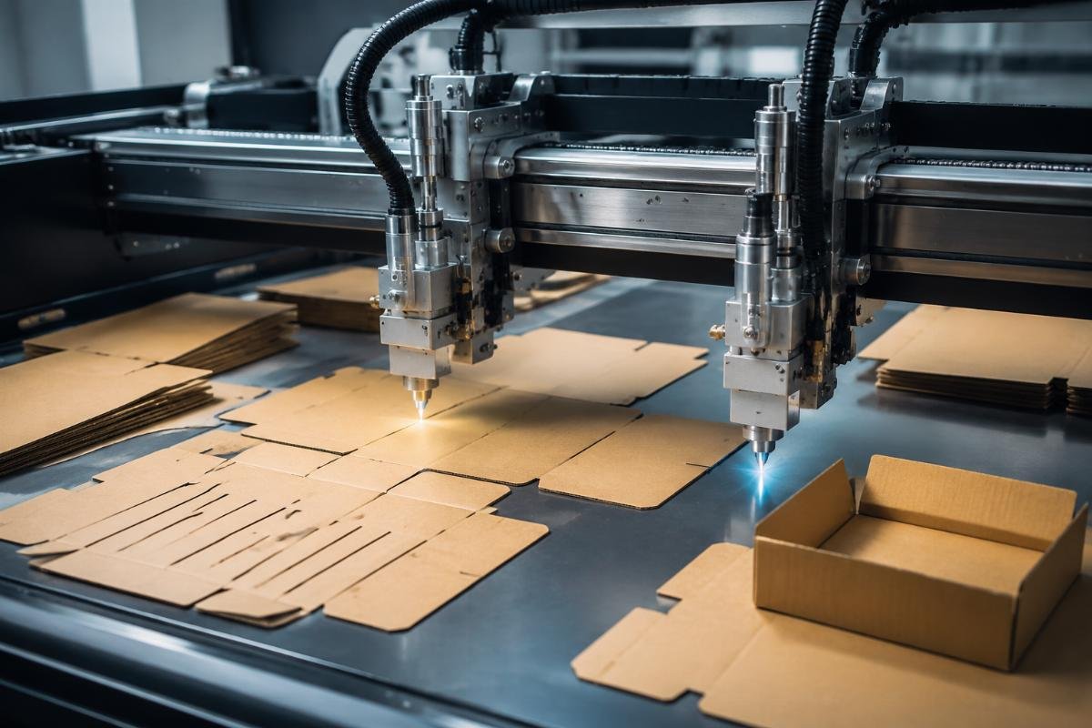 CNC cutting machine processing cardboard packaging prototypes