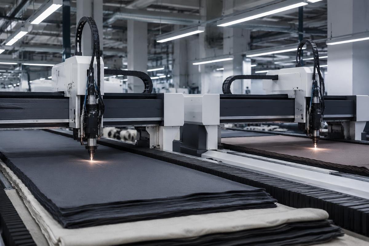 Two CNC cutting machines processing multi-layer fabric side by side